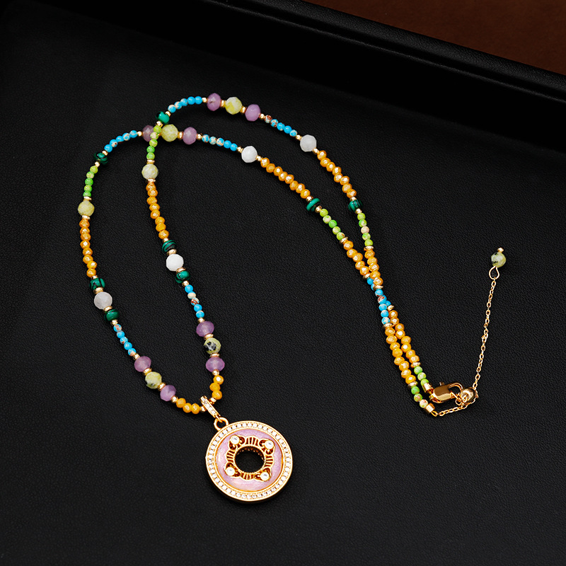 Ethnic style retro new Chinese style contrasting color crystal handcrafted beaded necklace, geometric round studded with zirconium drip glaze pendant necklace Specification image
