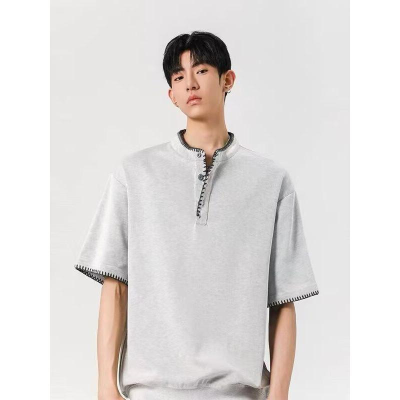 Old money style trendy Hong Kong-style men's T-shirt, summer simple and trendy brand half-sleeved loose and casual Henry T-shirt top details Picture