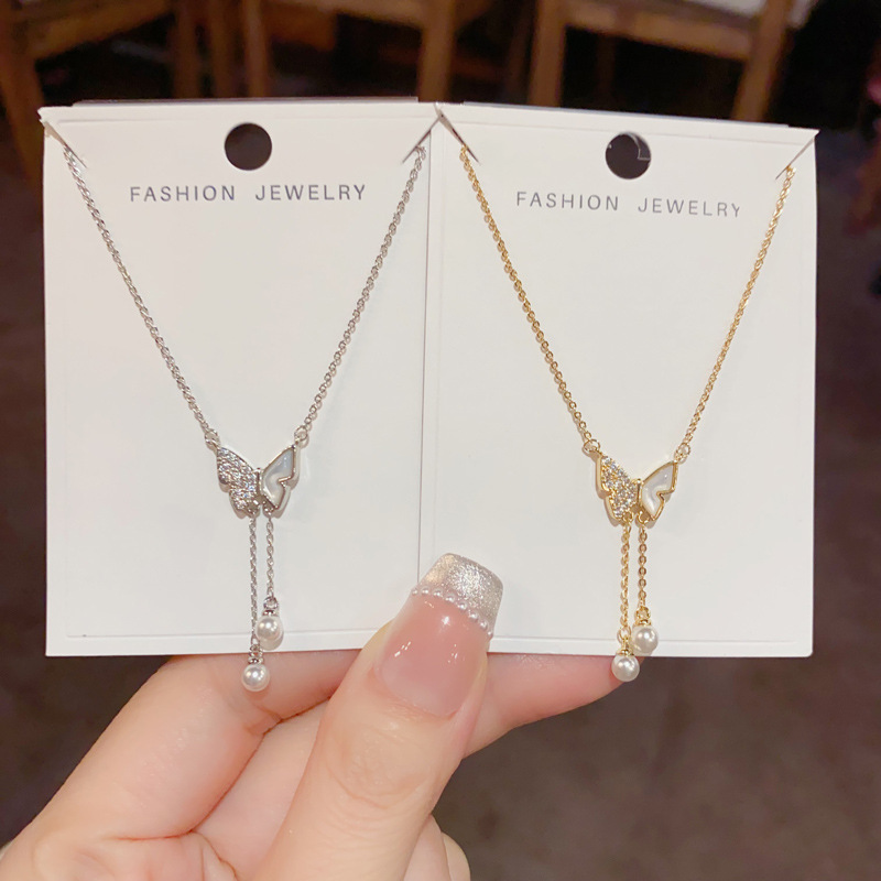 跨境个性时尚轻奢百搭镶钻蝴蝶珍珠流苏项链气质甜美百搭锁骨链女