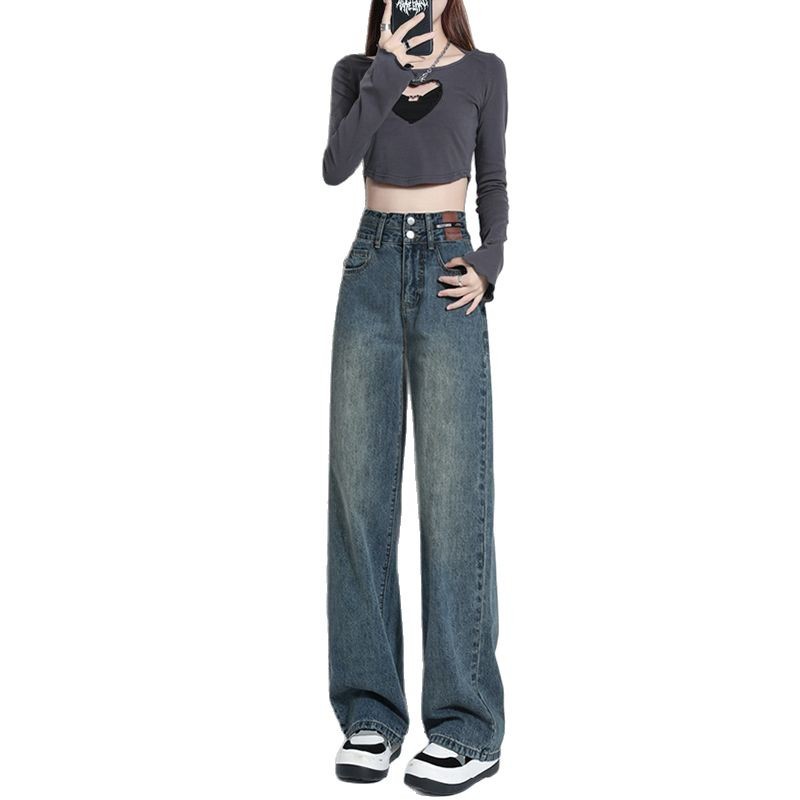 Retro denim wide-leg pants, loose straight leg, 2025 new style high waist bag, slender buttocks, floor-length design long pants Item Picture