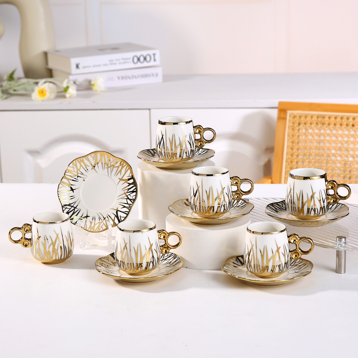 Cross-border European-style electroplated ceramic coffee cups and saucers, Saudi gold-plated six cups and six saucers gift box set event gift pic 3