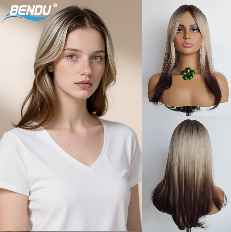 TikTok热卖金色渐变棕色假发八字长刘海中长发渐变化纤女款直发