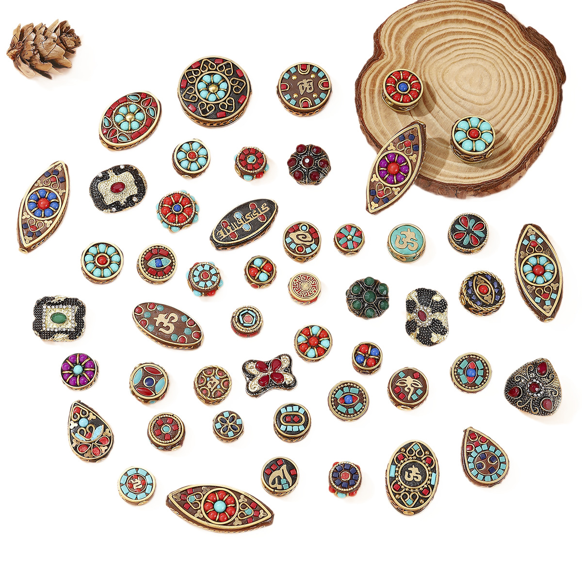 Tibetan-style Nepalese beads, loose beads, copper beads, back cloud inlay, retro ethnic style DIY jewelry accessories, spacer beads, bucket beads Item Picture