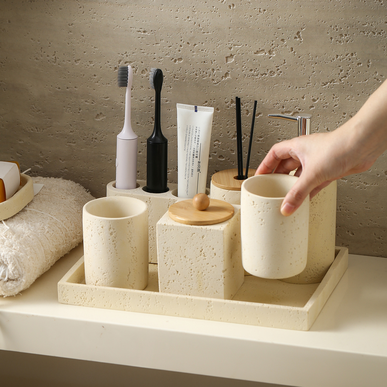 Wabi-sabi wind Tunnel Stone Storage seven-piece set: mouthwash cup, toothbrush holder, lotion bottle, perfume bottle, soap dish tray, washbasin