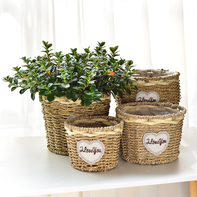 Hand-woven straw flower baskets, European-style country living room, balcony, table decoration, green ivy, green plants, succulents, rattan woven flower POTS Specification image