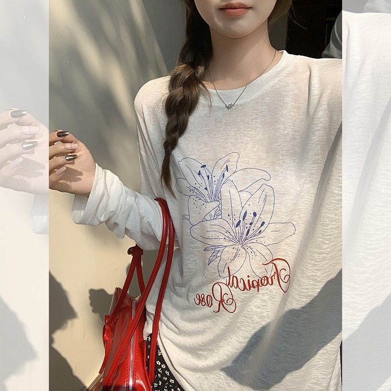 白色印花防晒罩衫女夏季款宽松显瘦薄款t恤慵懒感微透雪花棉上衣