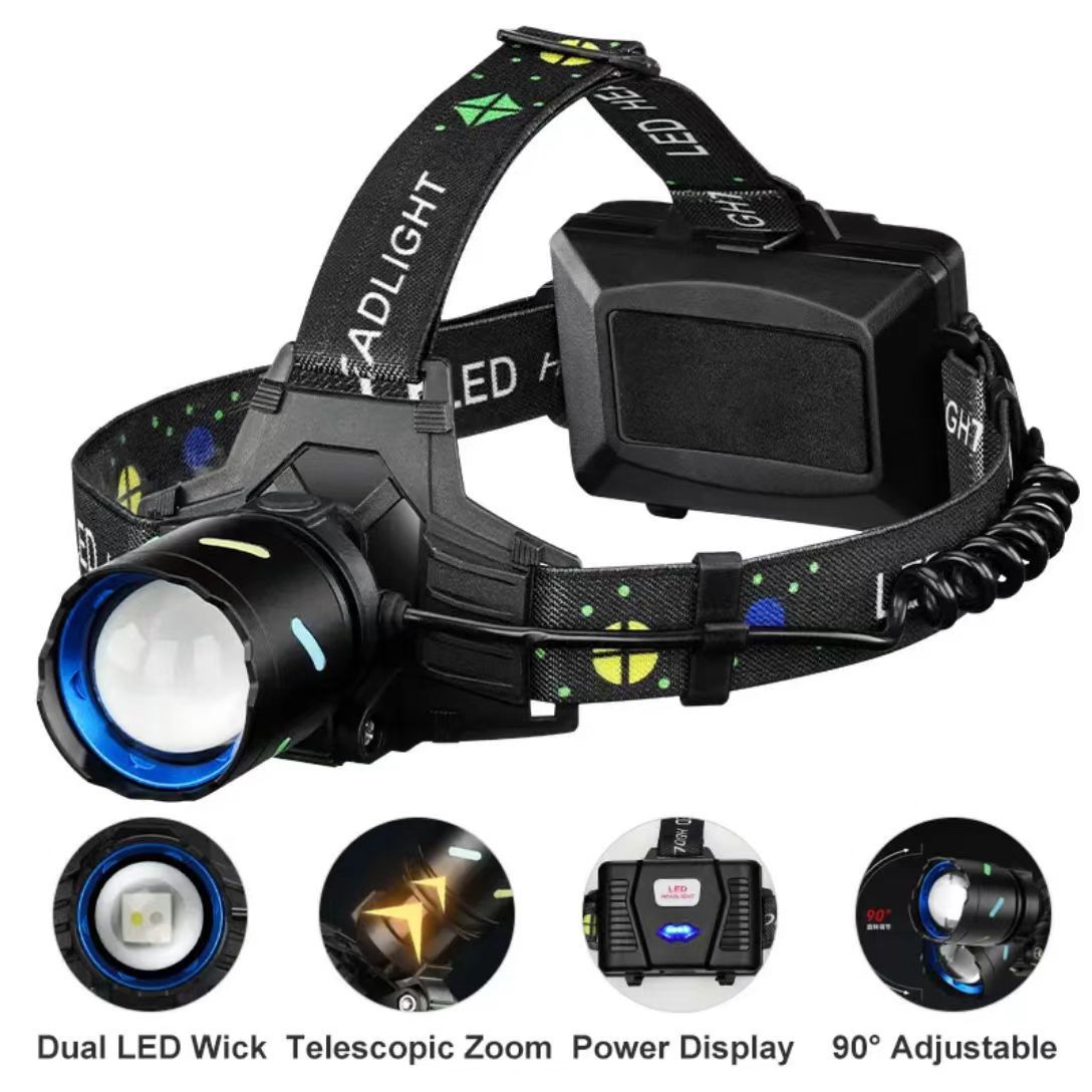White laser high-intensity dual-light zoom headlamp, USB charging, outdoor night fishing, waterproof, long-lasting portable long-range headlamp Item Picture