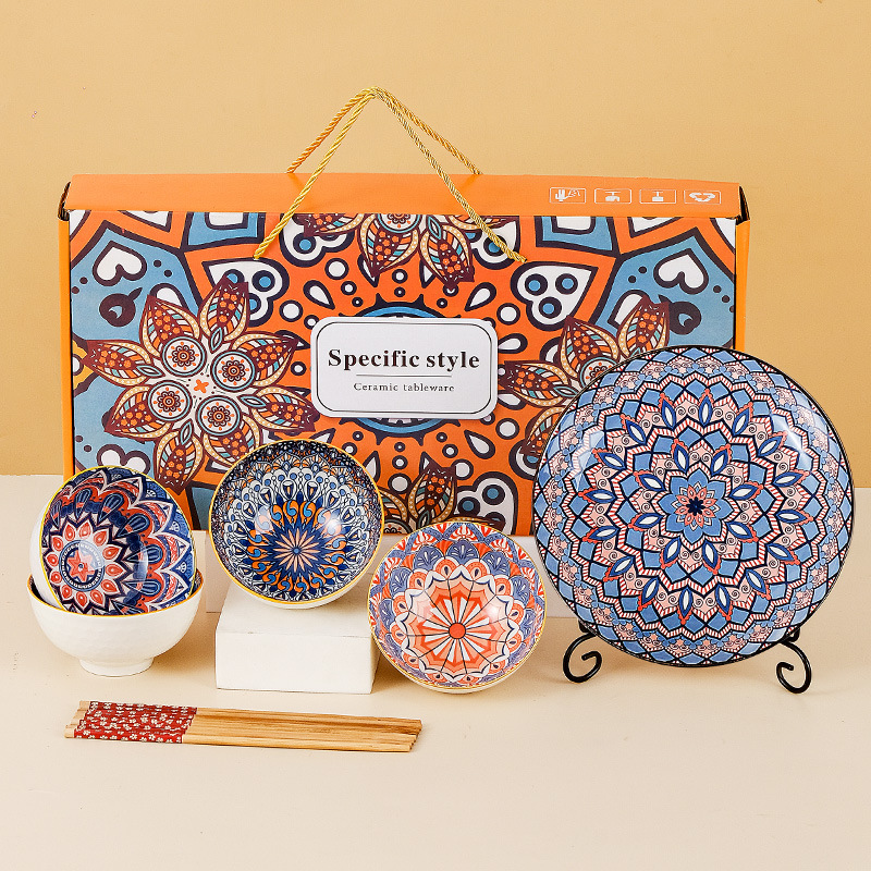 波西米亚陶瓷碗碟盘餐具礼盒装碗筷套装开业活动实用饭碗跨境礼品