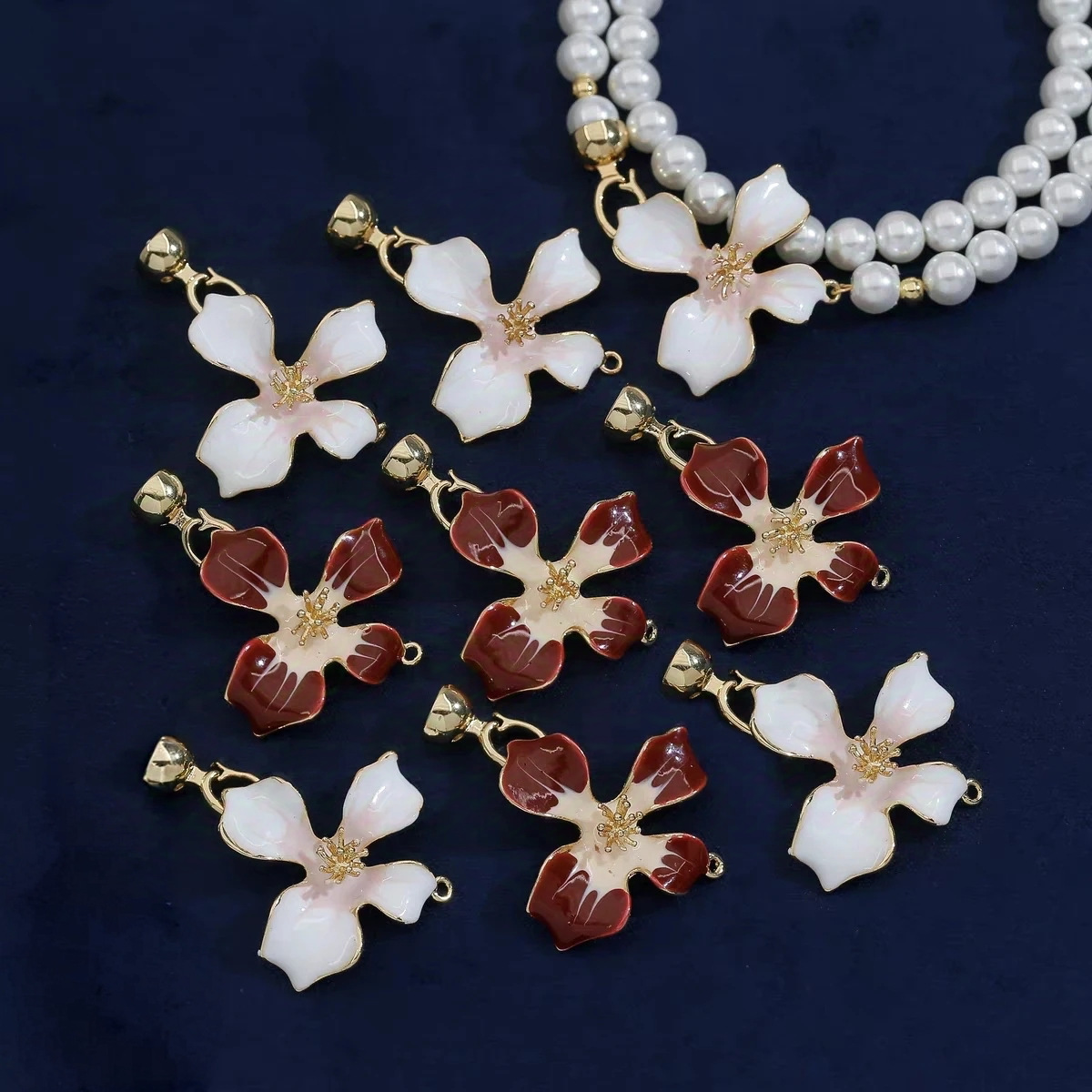 18k electroplated real gold pearl accessories, Ankela red and white flower black oil-dripping copper necklace bracelet clasp