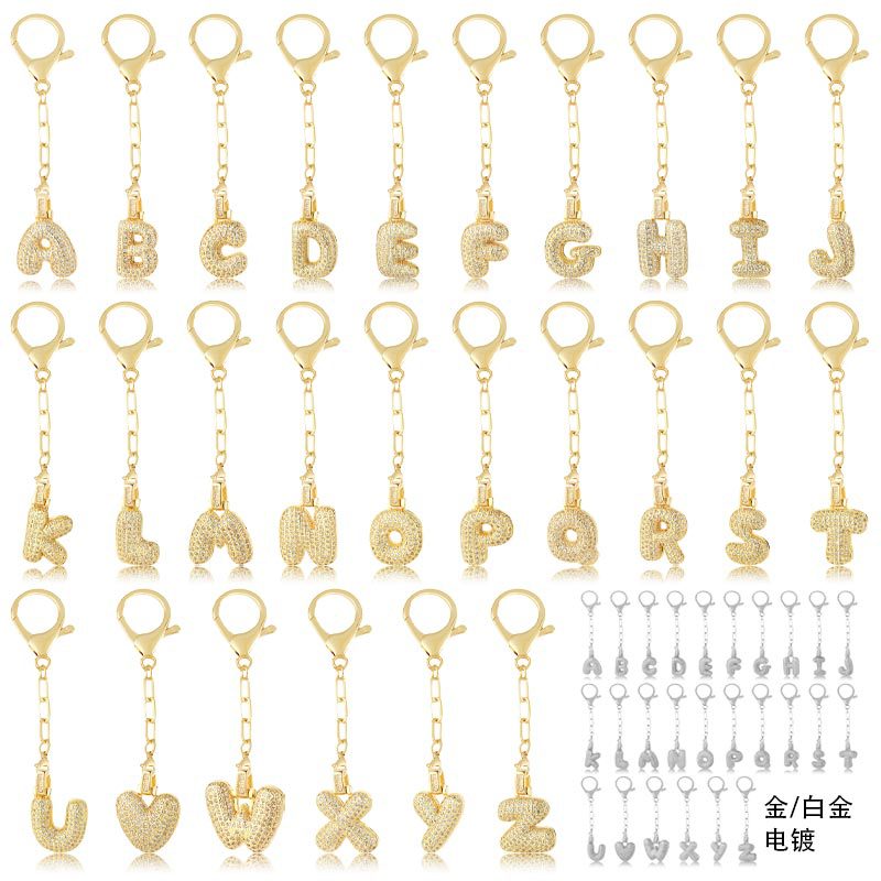Wholesale of cross-border fashion 26-letter keychain bags, copper-plated and zirconium-inlaid letter pendants details Picture