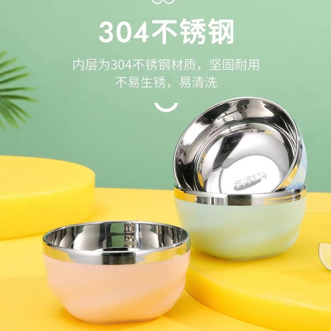 304 food-grade stainless steel bowl, children's tableware after meals, cute and heat-resistant for toddlers and babies, household double-layer soup bowl Application Scenario
