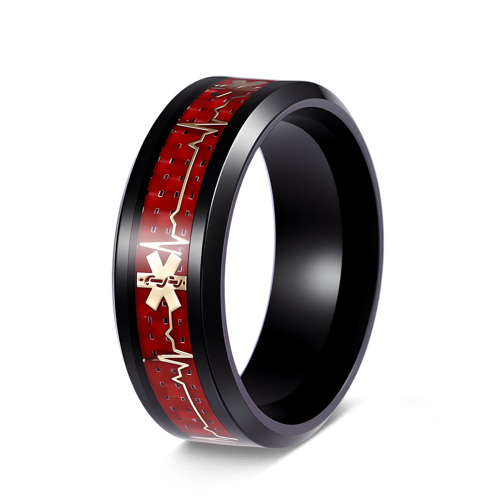 Half-price clearance: Red carbon fiber medical logo titanium steel ring, new Life Heart jewelry for men