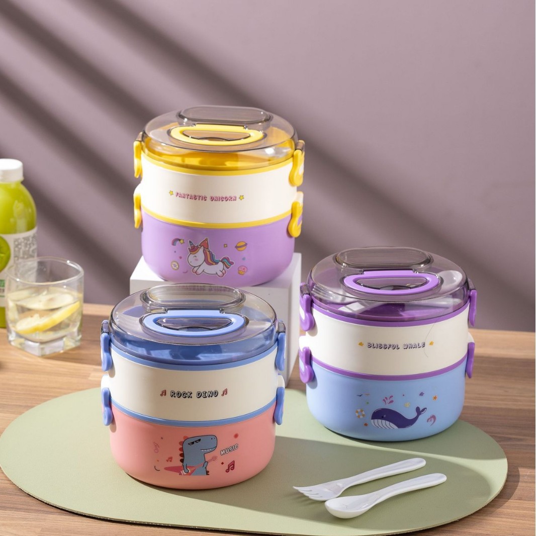 卡通饭盒双层保温餐盒可进微波炉圆形多格便当盒食品级学生可爱餐