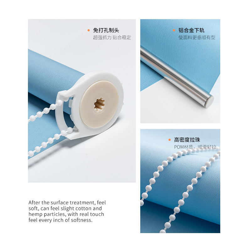 Roller blinds and Venetian blinds can be installed without drilling, providing light and sun protection. They are suitable for kitchens, bathrooms and offices, and can be lifted by hand and rolled up Application Scenario