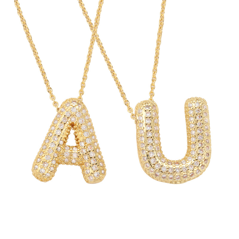 Cross-border super popular bubble English letter pendant necklace 18k copper plated with zircon inlaid hip-hop balloon letter collarbone chain Item Picture