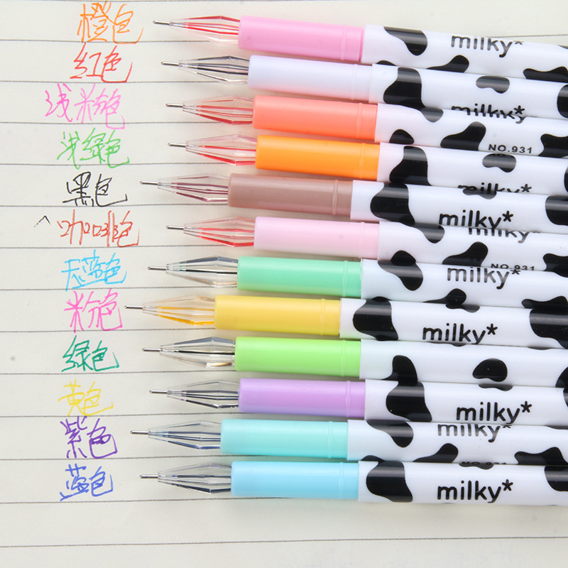 P-0738 Creative Stationery: Cute Cow Pattern Colored Gel Pen, 12-color Diamond Stone Gel Pen details Picture