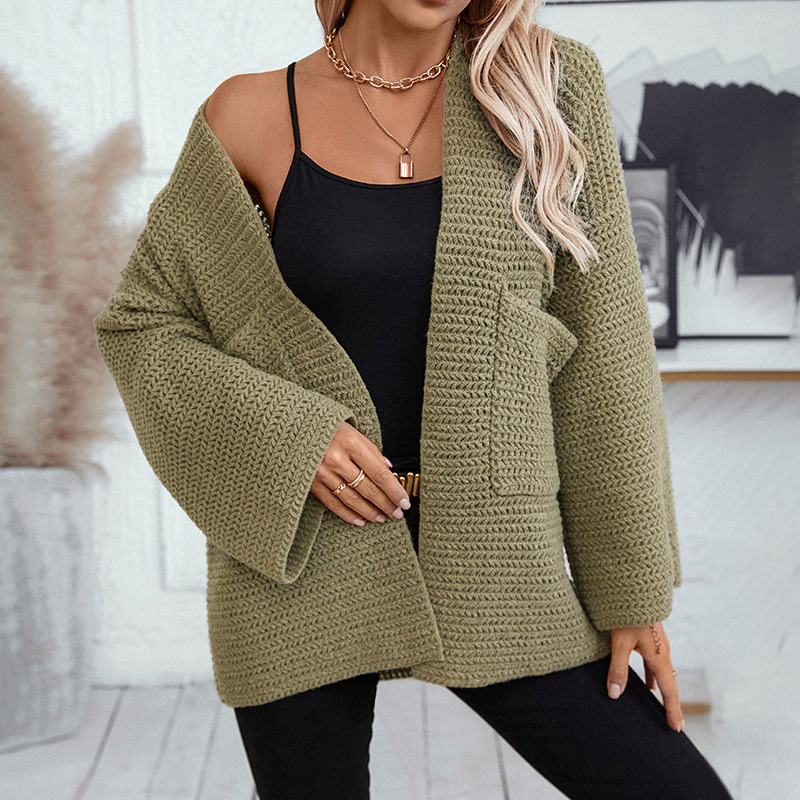 Cross-border foreign trade European and American women's sweater autumn and winter new retro mid-length V-neck solid color cardigan sweater knitted sweater Application Scenario