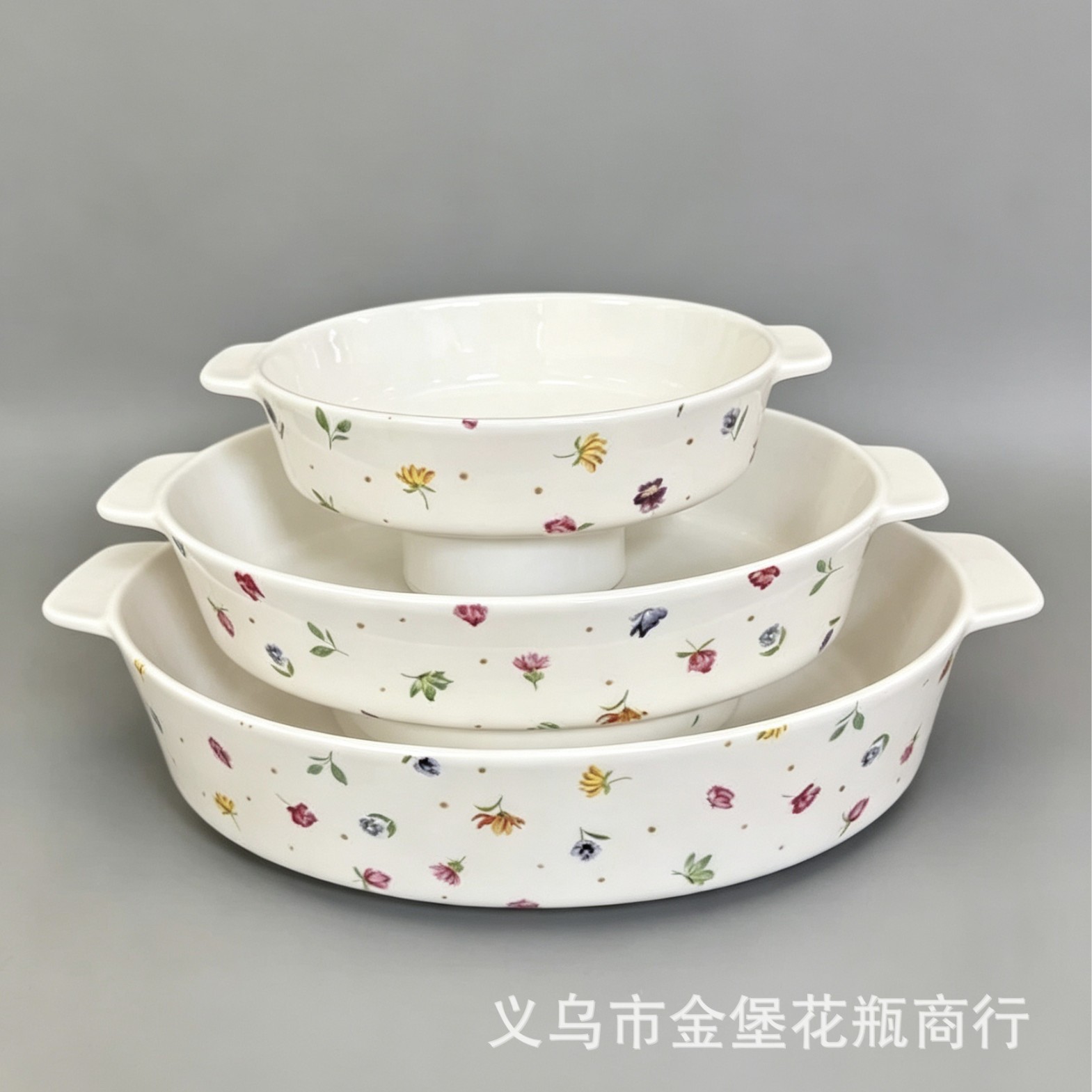 European-style country-style floral ceramic double-ear baking tray, deep and shallow three-specification combination baking basin, ceramic tableware for export