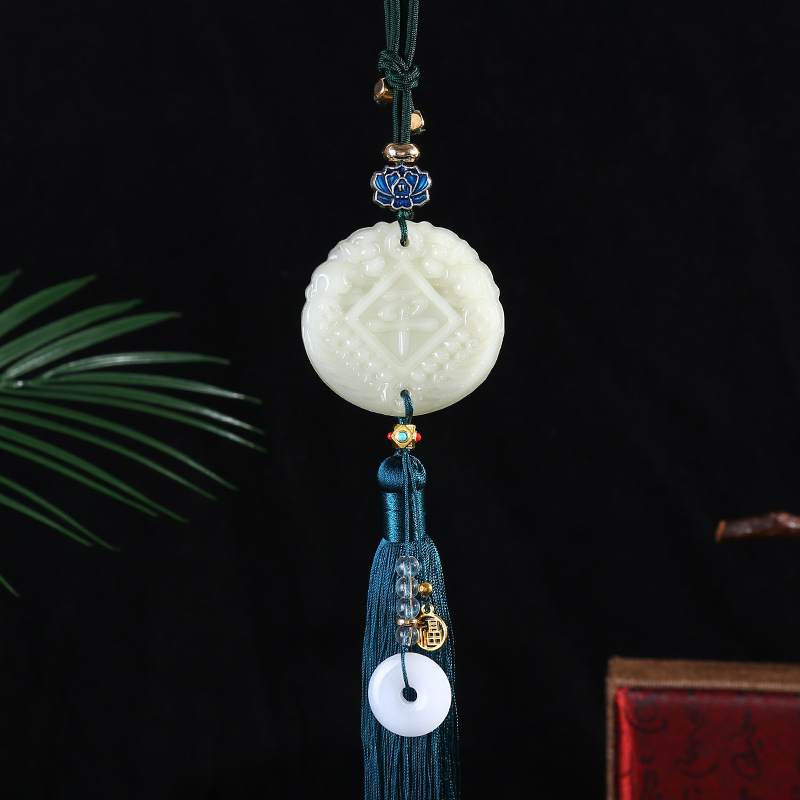 Retro entry and exit safety jade car pendant, new white jade safety buckle, tassel, "Fu" character, car rearview mirror Specification image