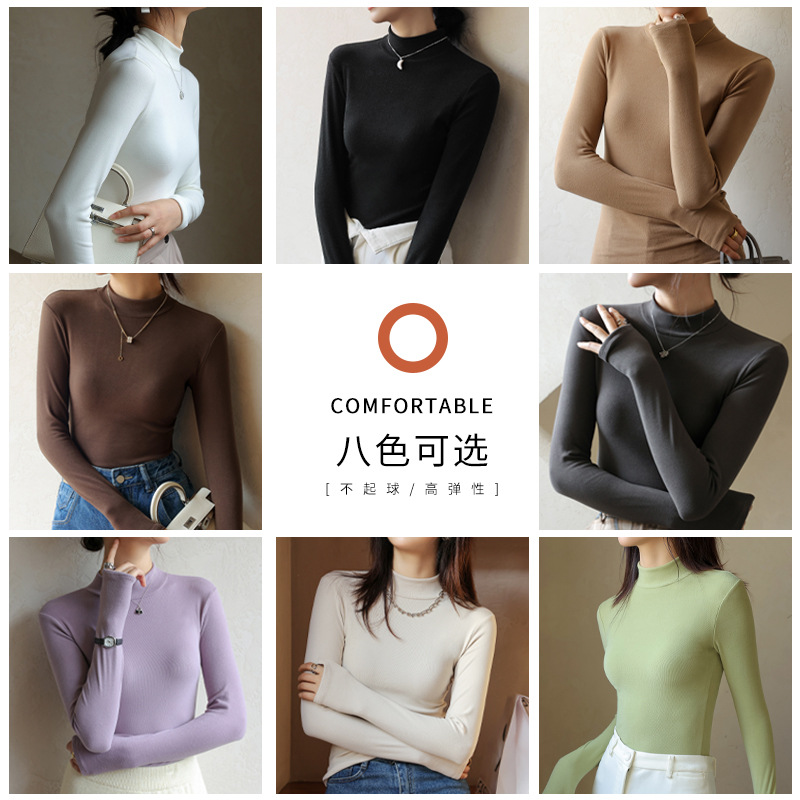 A semi-high-necked fleece base layer for women to wear as an inner layer in autumn and winter. It is a long-sleeved mid-necked solid color fitted base layer details Picture