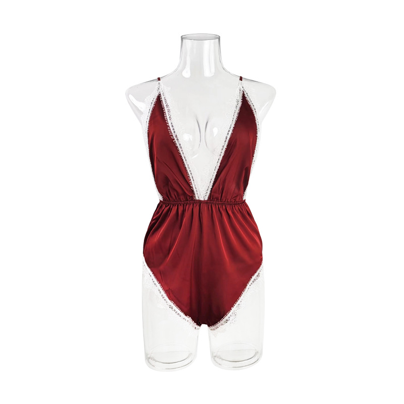Cross-border European and American sexy lingerie jumpsuit, deep v seductively, wine red lace satin patchwork pajamas for women wholesale 099 Item Picture