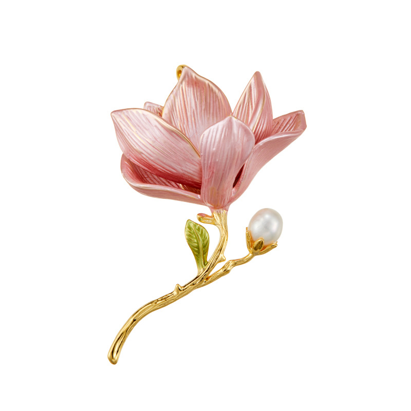 Exquisite pink magnolia flower brooch for women, fashionable and elegant enamel craftsmanship, high-end freshwater pearl brooch, traditional Chinese style brooch Item Picture