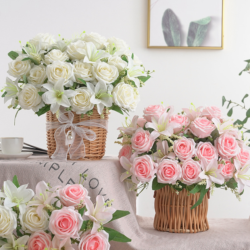 7头雪花百合香妃玫家居摆件仿真花假花绢花婚庆手捧路引花摄影