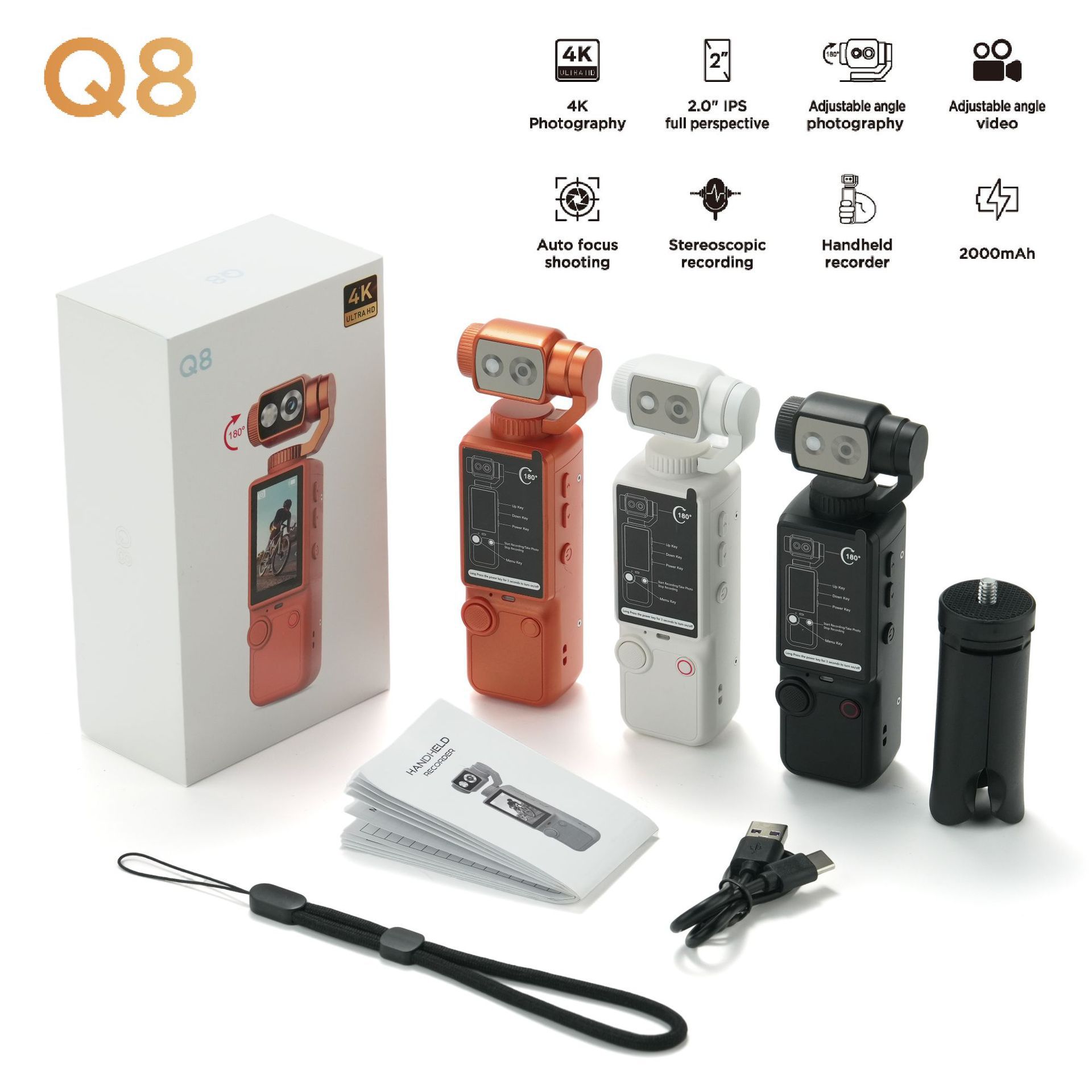 Crossover Q8 handheld outdoor sports camera ultra clear autofocus grabación de conferencia cámara portátil de cámara de bolsillo