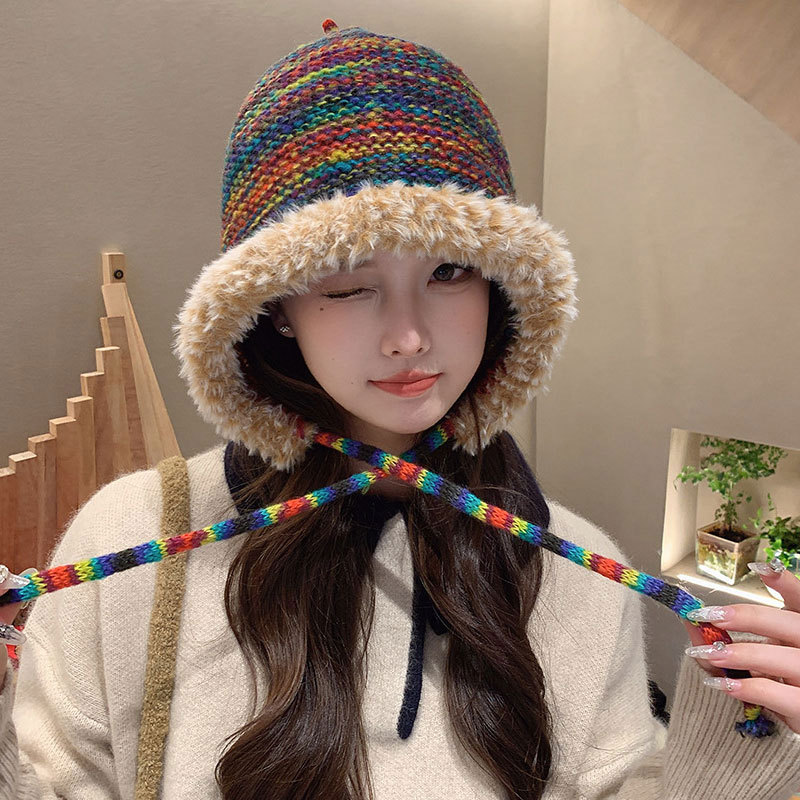 A cute rainbow gradient knitted hat for women in autumn and winter, warm, ear-protecting and face-enhancing small woolen headscarf Specification image