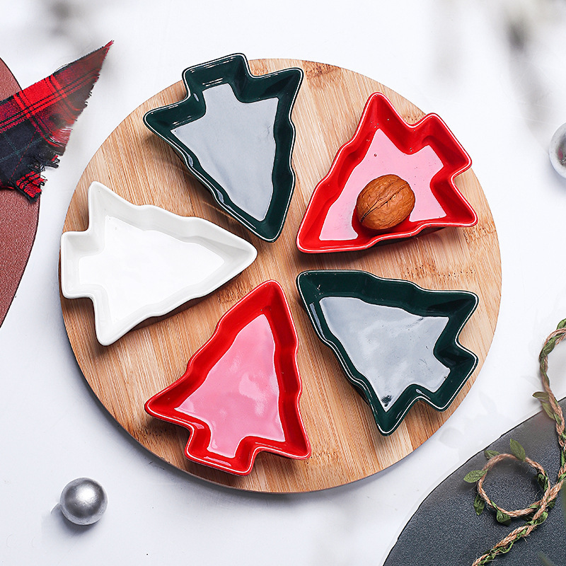 Nordic Christmas tree-shaped ceramic dried fruit plate, snack plate, creative Christmas-style tableware, rotatable display plate with tray details Picture