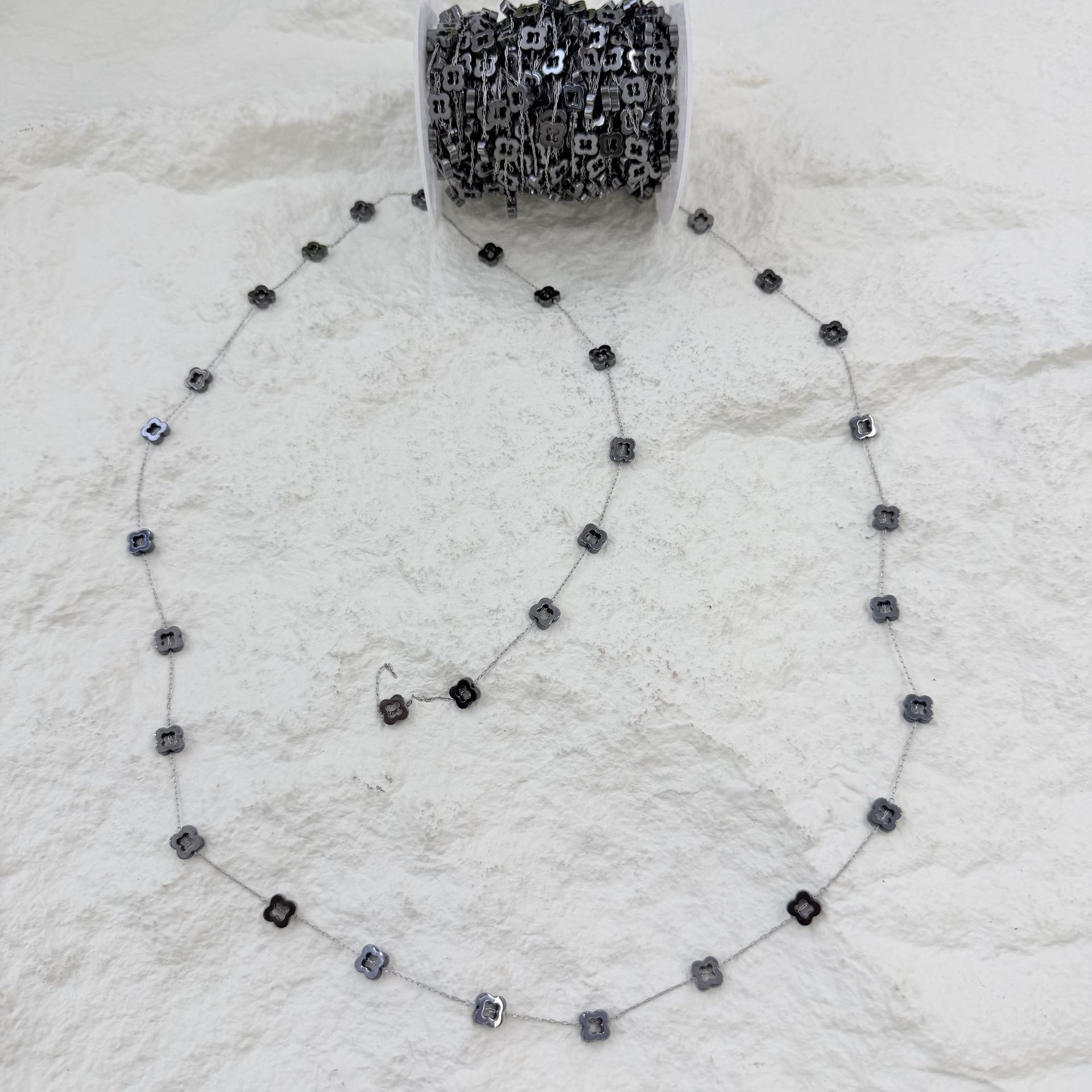 Hollowed-out four-leaf clover black gallstone 12-hole chain DIY earrings necklace, cold style handcrafted semi-finished jewelry wholesale details Picture