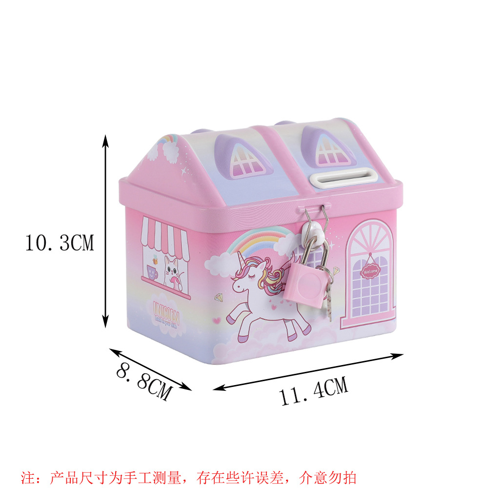 Cross-border new dreamy castle piggy bank, children's cartoon unicorn with lock, iron piggy bank, loose change storage box Item Picture