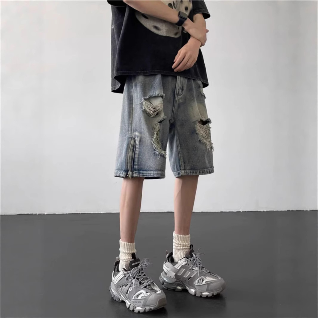 Ripped high street chic denim shorts for men, summer thin American-style zipper split loose straight-leg mid-length pants Specification image