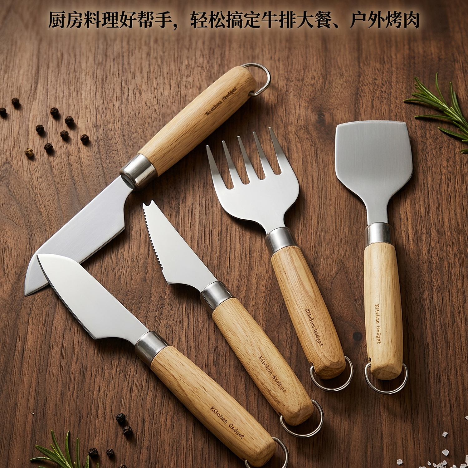Wooden handle stainless steel cheese spatula, cheese knife, pizza knife, steak knife, meat tearing fork, kitchen baking tools