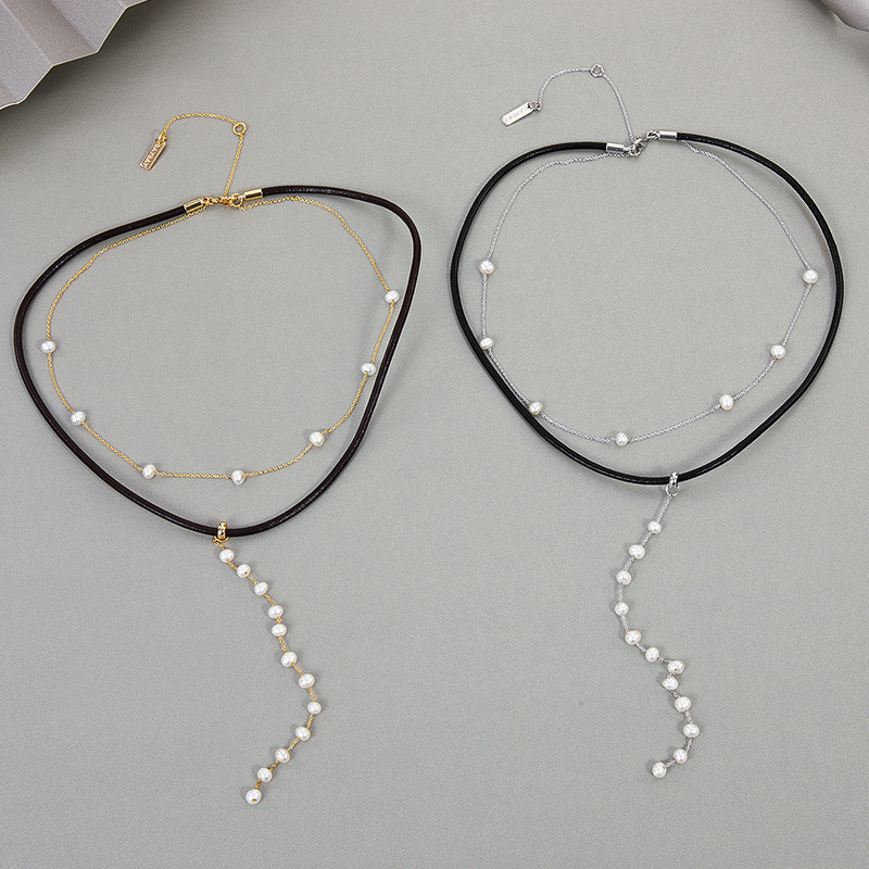 肯杰暗黑皮质短款链条女项圈颈链朋克个性淡水珍珠锁骨链女处理