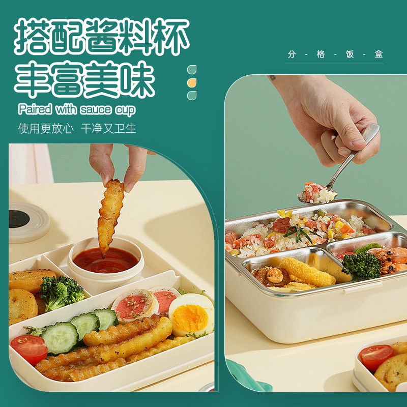 Creative children and students cartoon portable lunch box, cute dinosaur square stainless steel double-layer compartments sealed lunch box details Picture