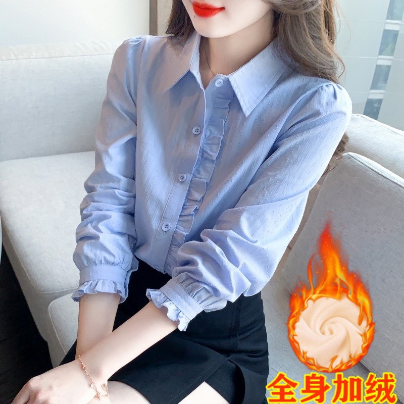 秋冬季2025年新款女装加绒加厚纯棉衬衫女洋气全棉polo领保暖上衣