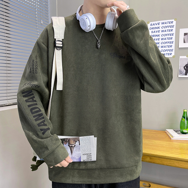 Men's long-sleeved T-shirt, spring and autumn trendy brand ins round-neck suede printed sweatshirt, men's base layer shirt, top for teenagers Specification image