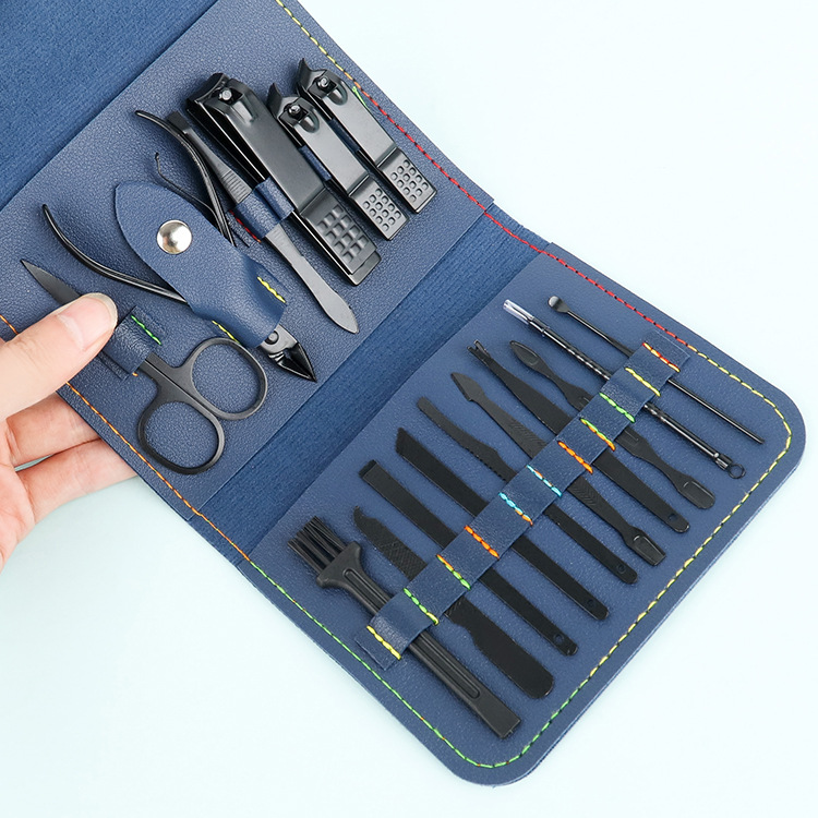 Folding leather case set of 16 pieces, nail clipper set, blackening dead skin pliers, nail clipper case, manicure tools Specification image