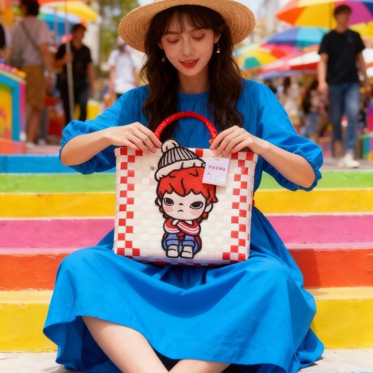 新款泡泡可爱手工编织包外出手提包洗澡化妆品收纳包日系风菜篮子