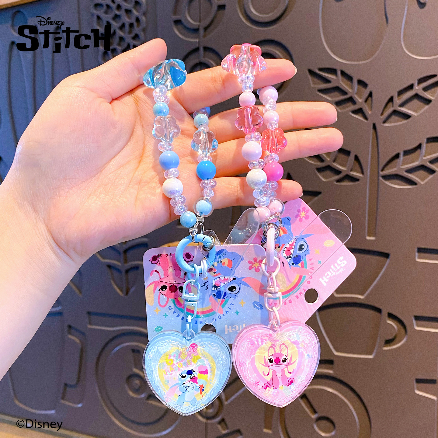 Authentic Stitch keychain, cute candy, heart-shaped acrylic beaded key chain, creative couple schoolbag pendant Specification image