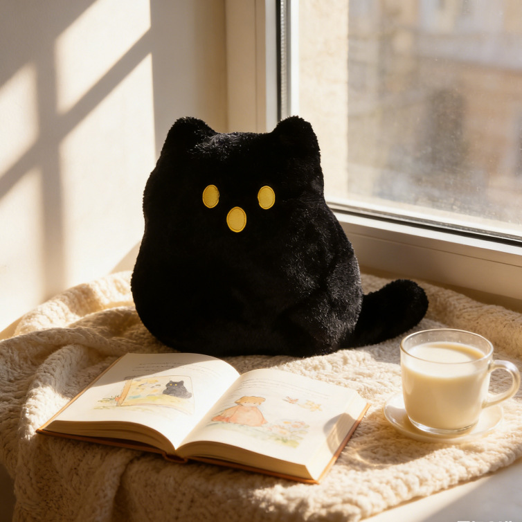 猫咪玩偶抱枕亲肤娃娃靠枕万圣节幽灵可爱毛绒玩具黑猫一件代发