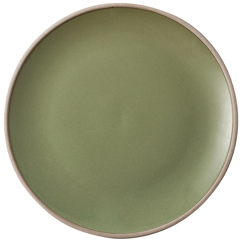 Retro and unique earthenware round plate, restaurant and hotel ceramic steak plate, high appearance level, simple solid color, home breakfast plate Item Picture