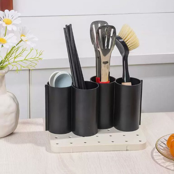Four-compartment round black chopstick cage, multi-functional classification, chopsticks, spoons, spatula, soup spoons, kitchen storage plastic rack