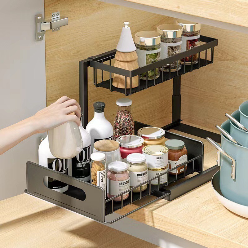 Wow, bathroom and kitchen pull-out sink, storage rack, slide rail cabinet, no need for drilling, layered seasoning storage rack details Picture