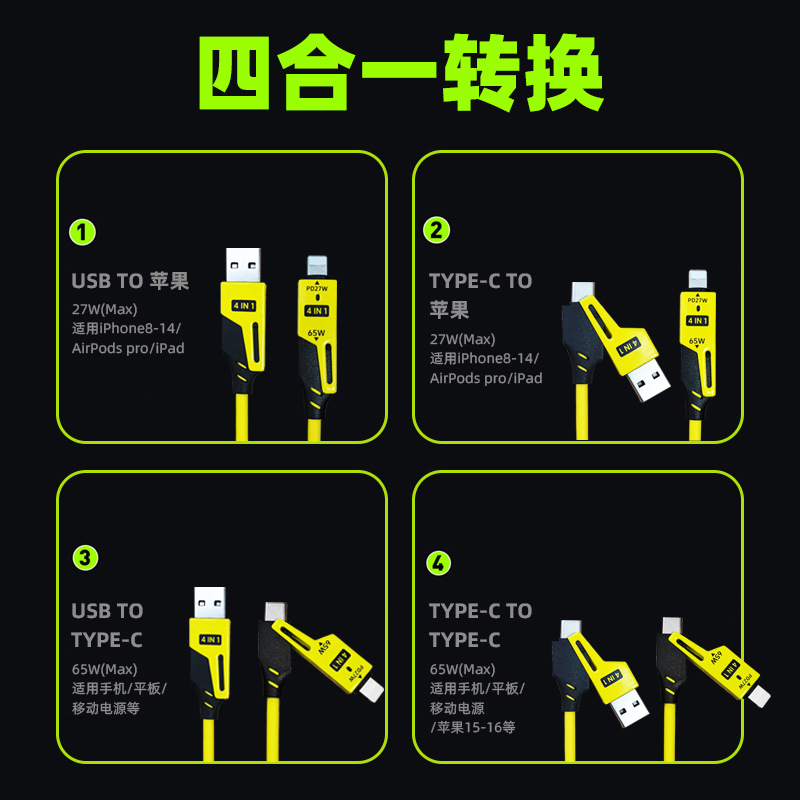 The cross-border best-selling spring retractable data cable in Macaron color series is suitable for the Apple 15 in-car four-in-one fast charging cable Application Scenario
