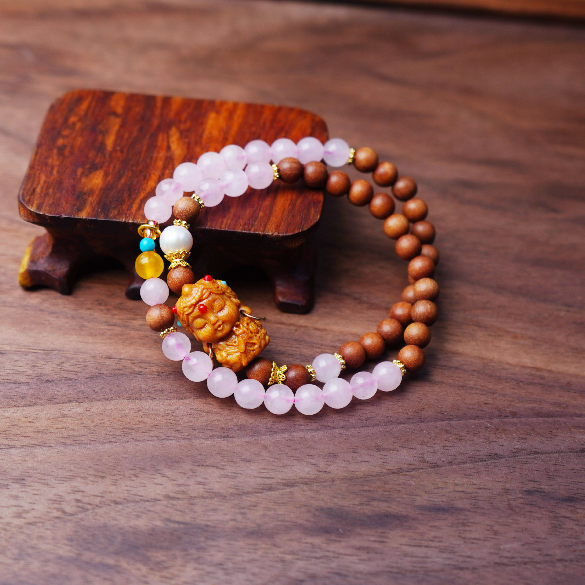 寺庙同款天然芭比檀木双圈手串复古民族风宝宝粉晶女手链饰品配饰详情图3
