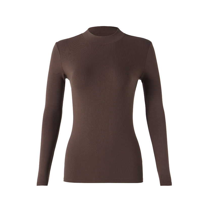 Women's semi-high-neck long-sleeved T-shirt top for spring, autumn and winter, with a fitted, brushed and fleece base layer inside a small stand-up collar Item Picture