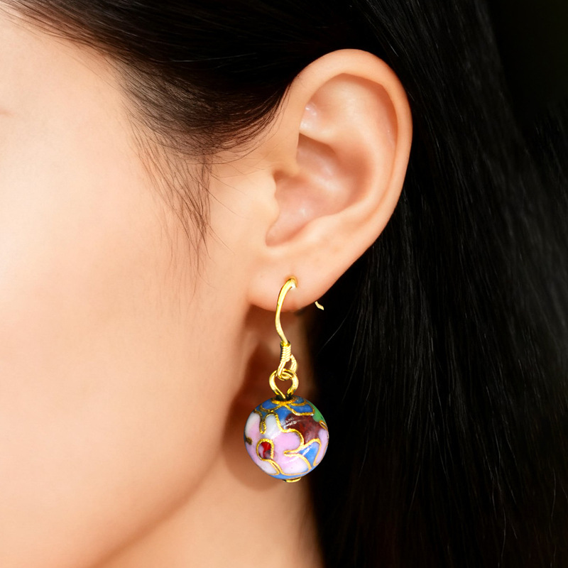 北京景泰蓝民族风新娘古装饰品耳饰传统掐丝珐琅磨光10mm圆珠耳坠