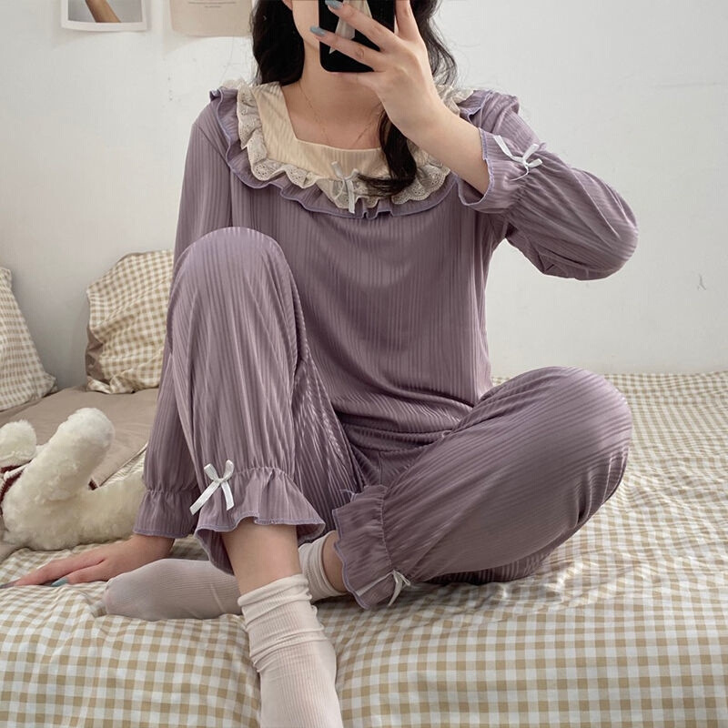 Sweet Korean cross-border princess-style long-sleeved pajamas, women's bow, sweet wechat business influencer live-streaming, and trendy home wear Application Scenario